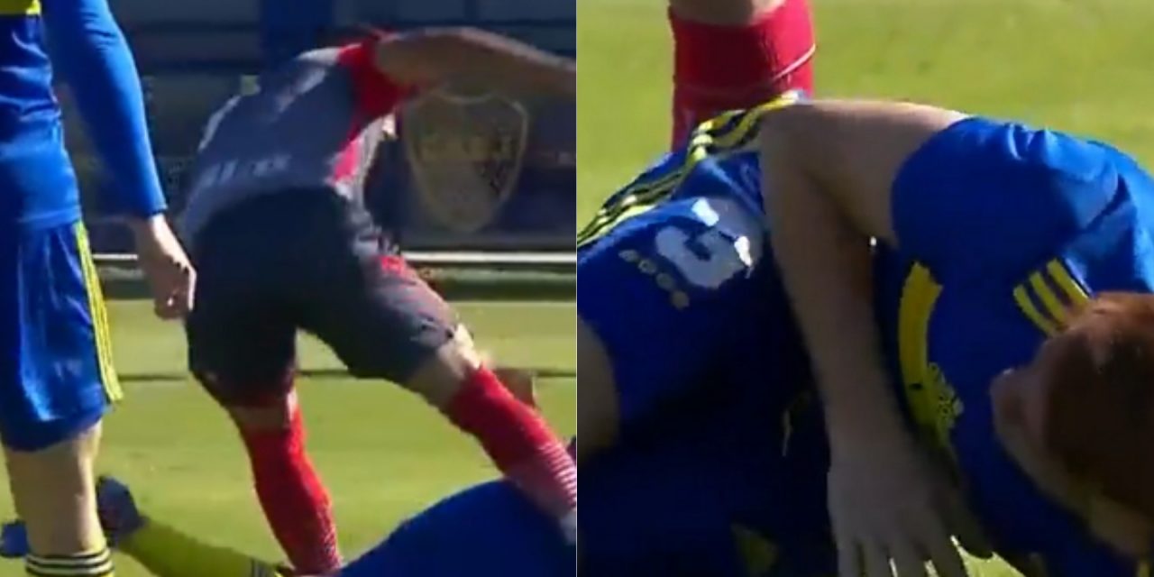 CRIMINAL: la terrible patada en la espalda que recibió el colo Barco en el partido de reserva entre Boca y Arsenal de Sarandí