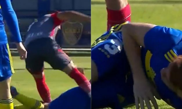 CRIMINAL: la terrible patada en la espalda que recibió el colo Barco en el partido de reserva entre Boca y Arsenal de Sarandí